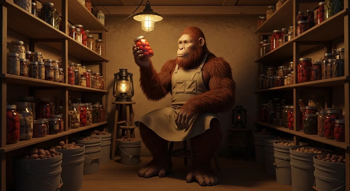 Wattson inspecting preserved food jars in a well-stocked root cellar