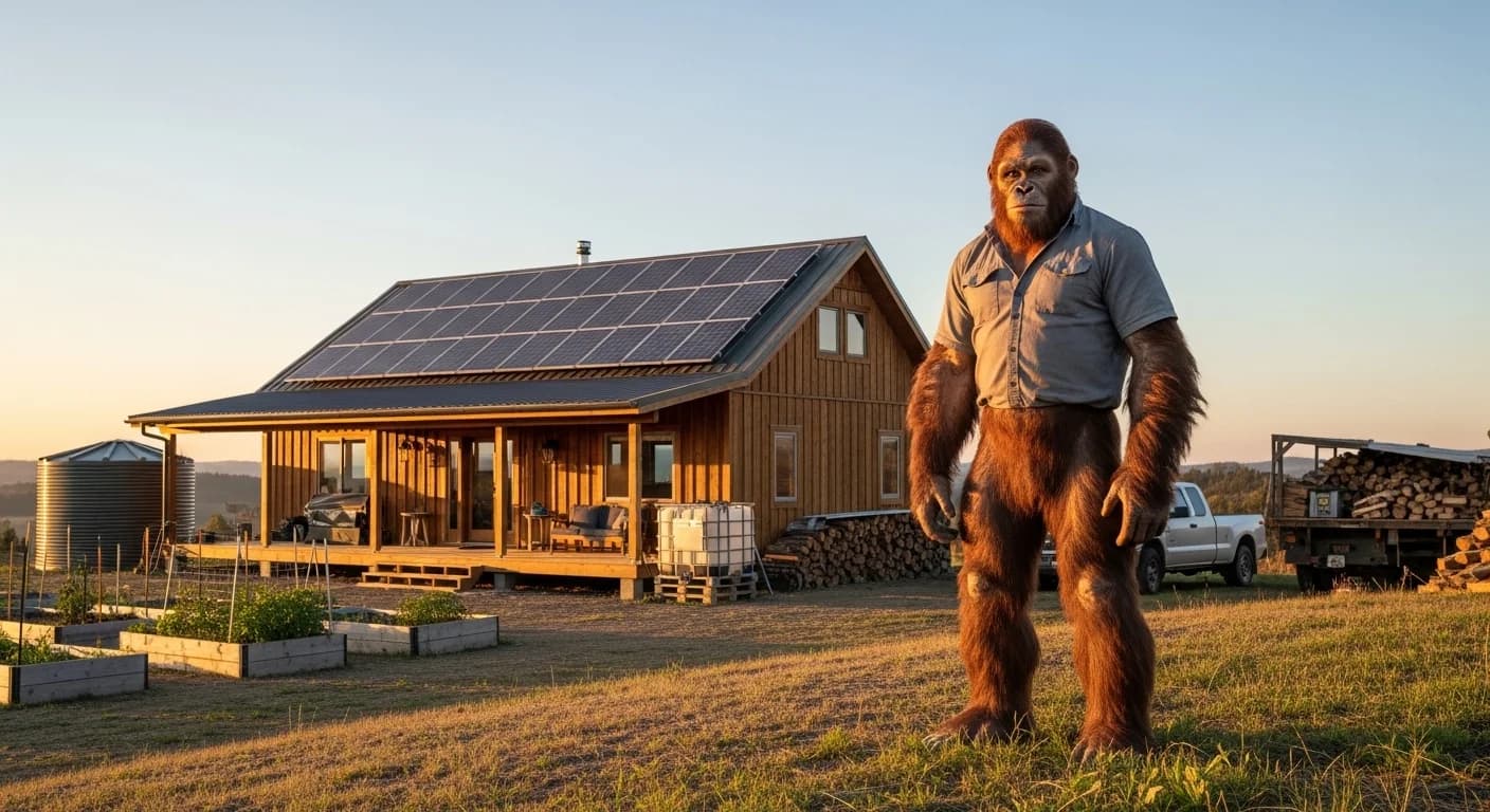 Wattson standing on his property at golden hour — solar panels, garden, water tank, and timber-frame home all visible behind him