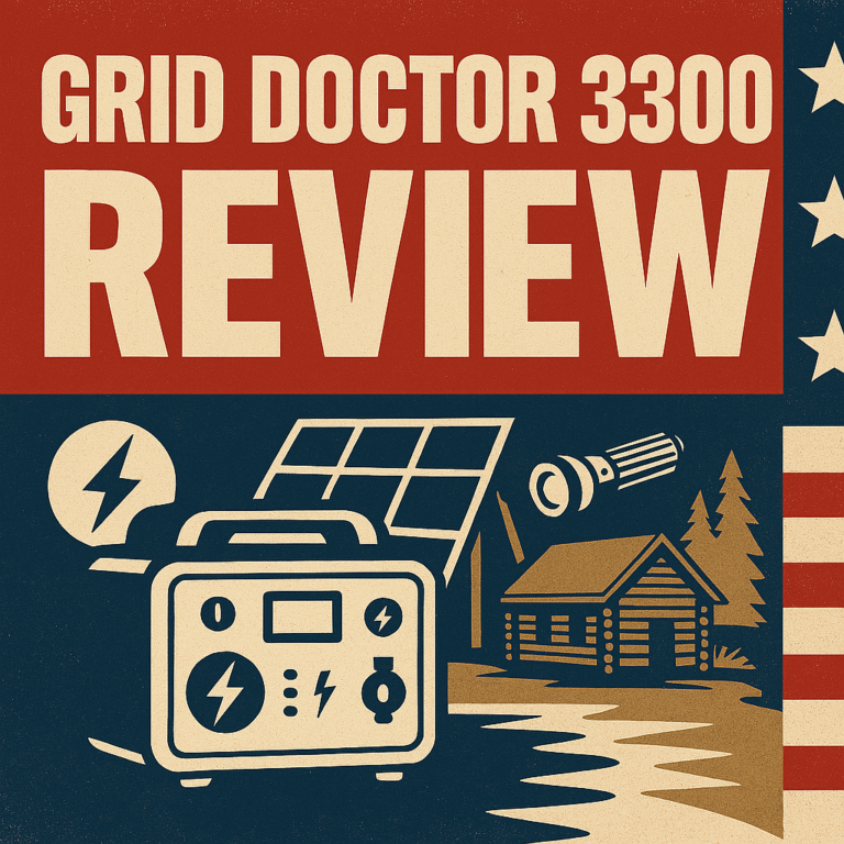 “Grid Doctor 3300 solar generator in off grid setup with patriotic styling and survival gear backdrop”