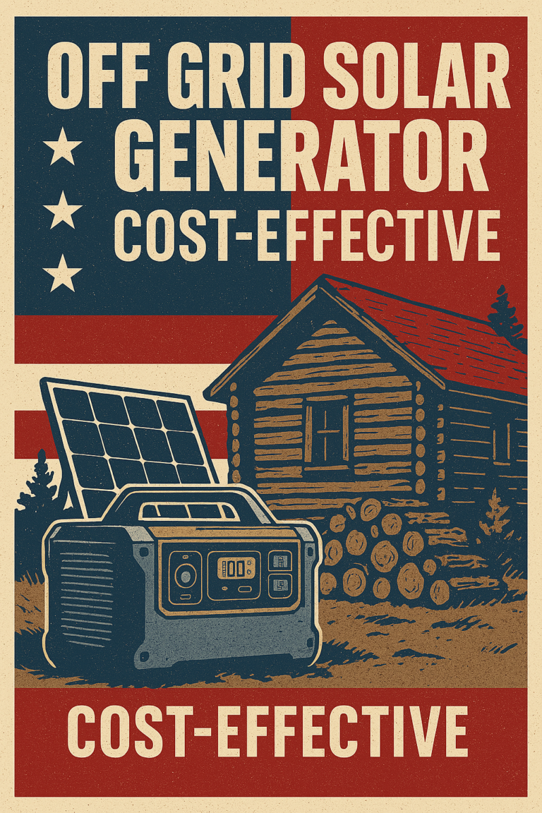 “Off grid solar generator powering cabin with patriotic colors and rugged terrain”