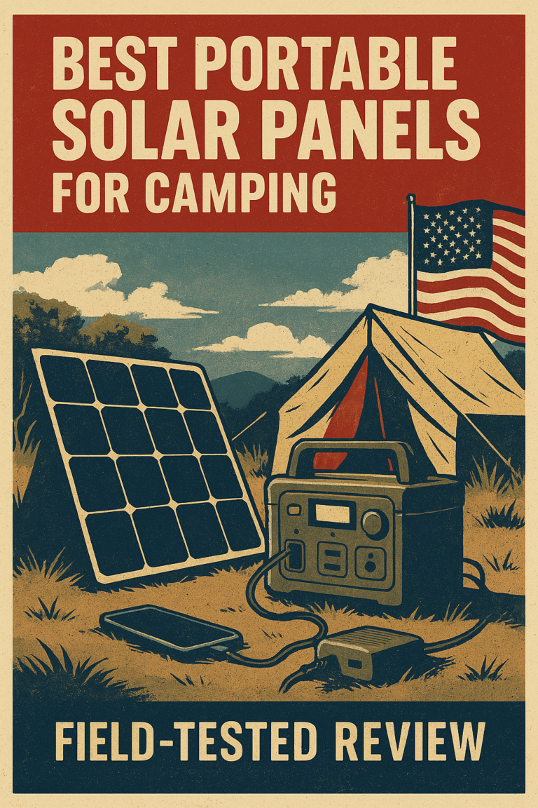 “Portable solar panels charging gear at a camping site in a patriotic off grid scene”