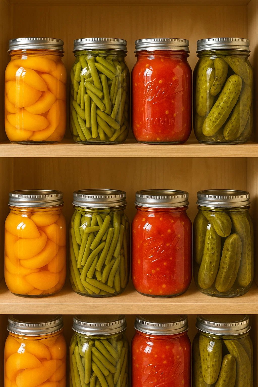 Jars of home-canned vegetables or food being prepared in a dehydrator for preservation