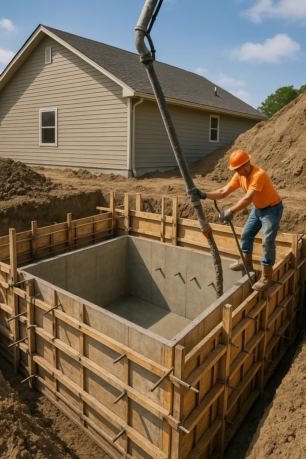 Construction phase showing either concrete forms for an integrated foundation cistern or installation of a large buried water tank.