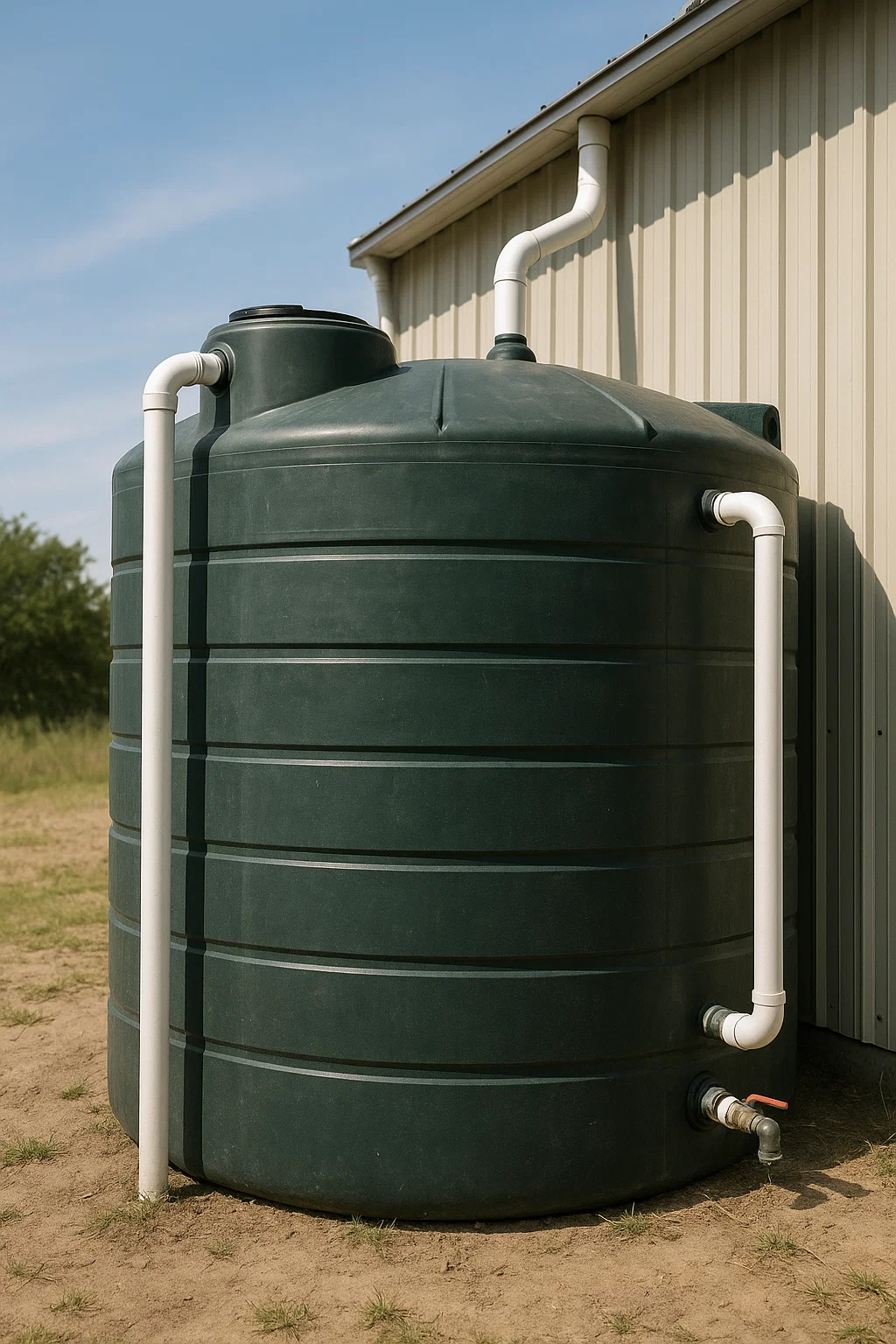 Large, opaque polyethylene water storage tank installed outdoors, showing signs of light weathering but functional.