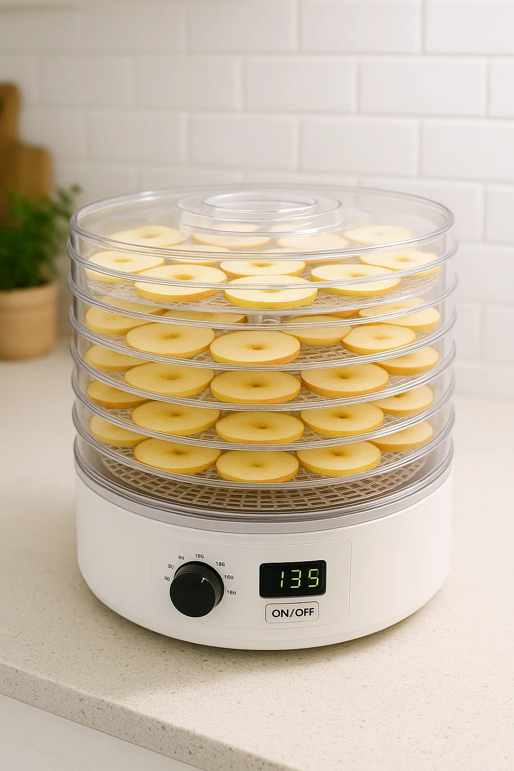 Sliced fruit or jerky arranged on the trays of an electric food dehydrator during the drying process.
