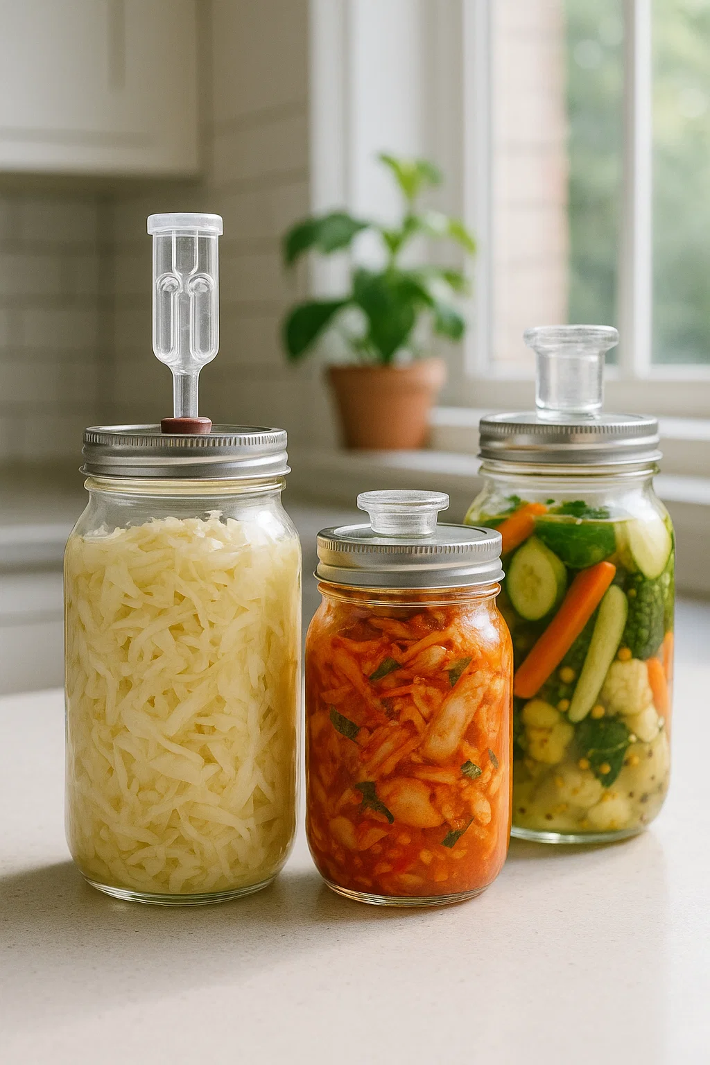 Glass jars filled with fermenting vegetables like sauerkraut or kimchi, potentially with airlocks, in a clean kitchen setting.