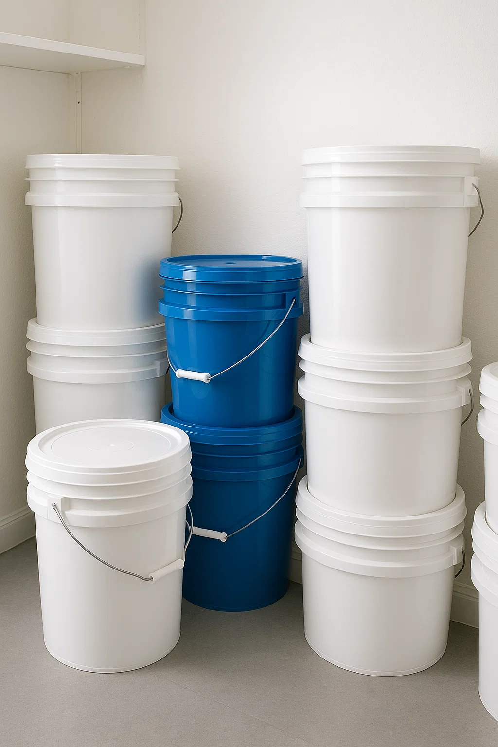 Stacked food-grade plastic buckets with gasket lids used for long-term food storage in a clean environment.