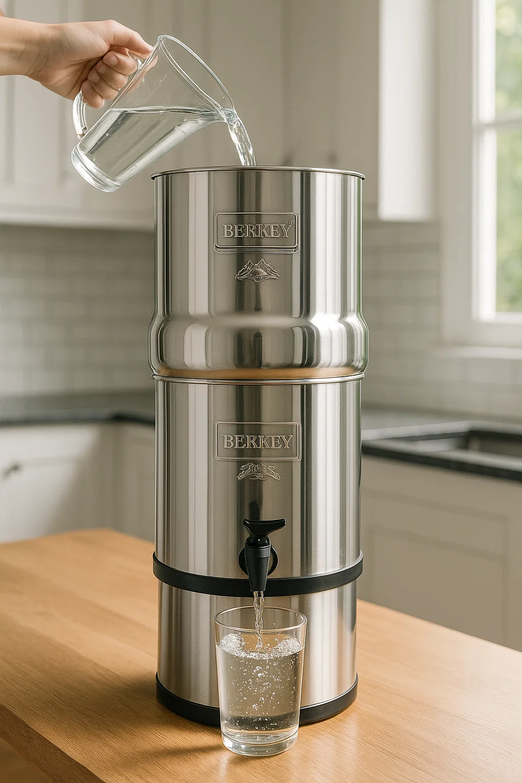 Berkey-style gravity water filter system purifying water on a clean surface.