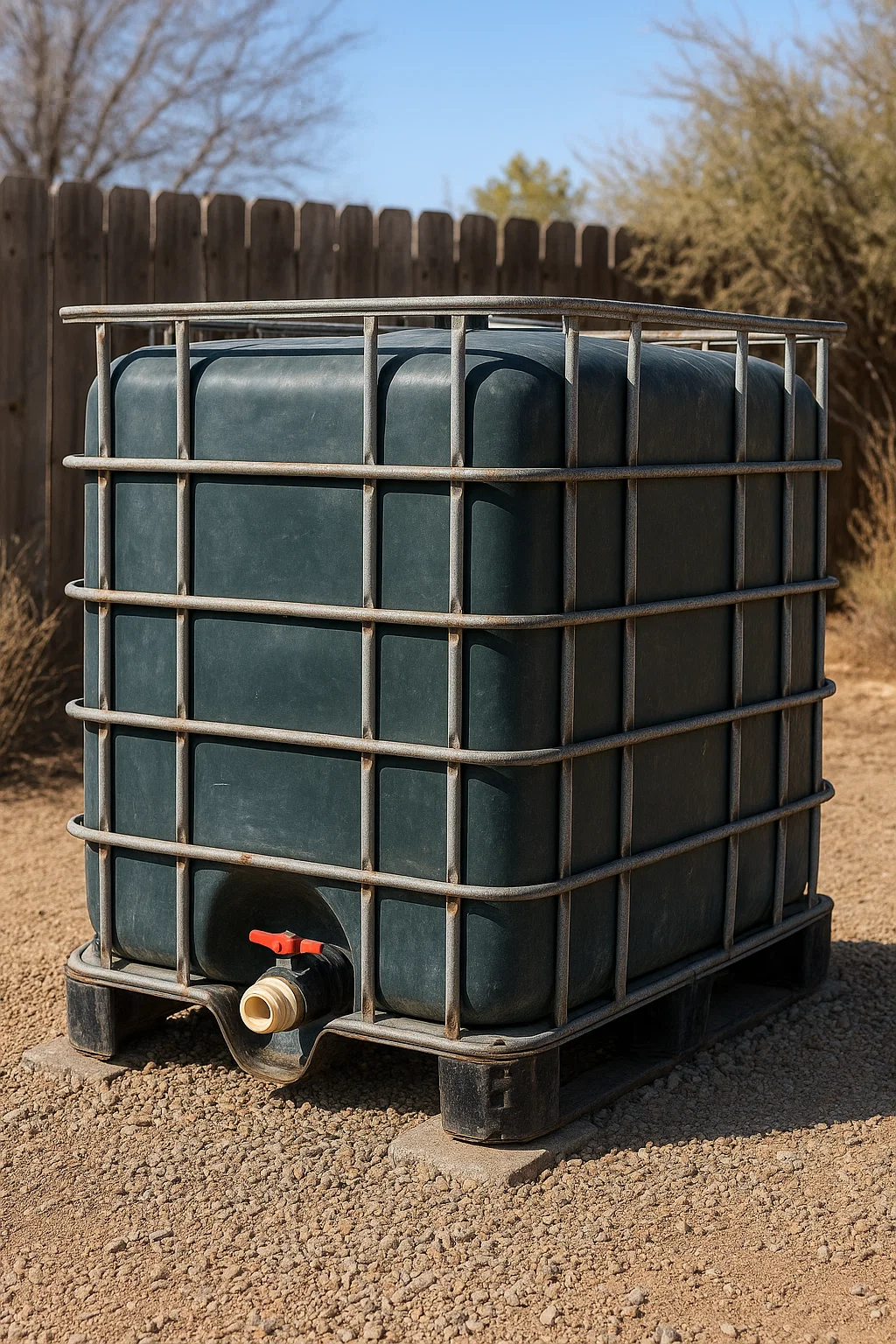 A slightly weathered but functional IBC tote, painted or covered to block light, used for large-volume water storage.