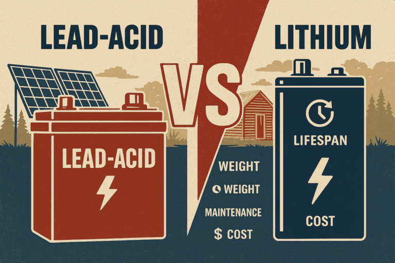 "Visual comparison of lead acid and lithium batteries for off grid power systems with patriotic off grid setting."