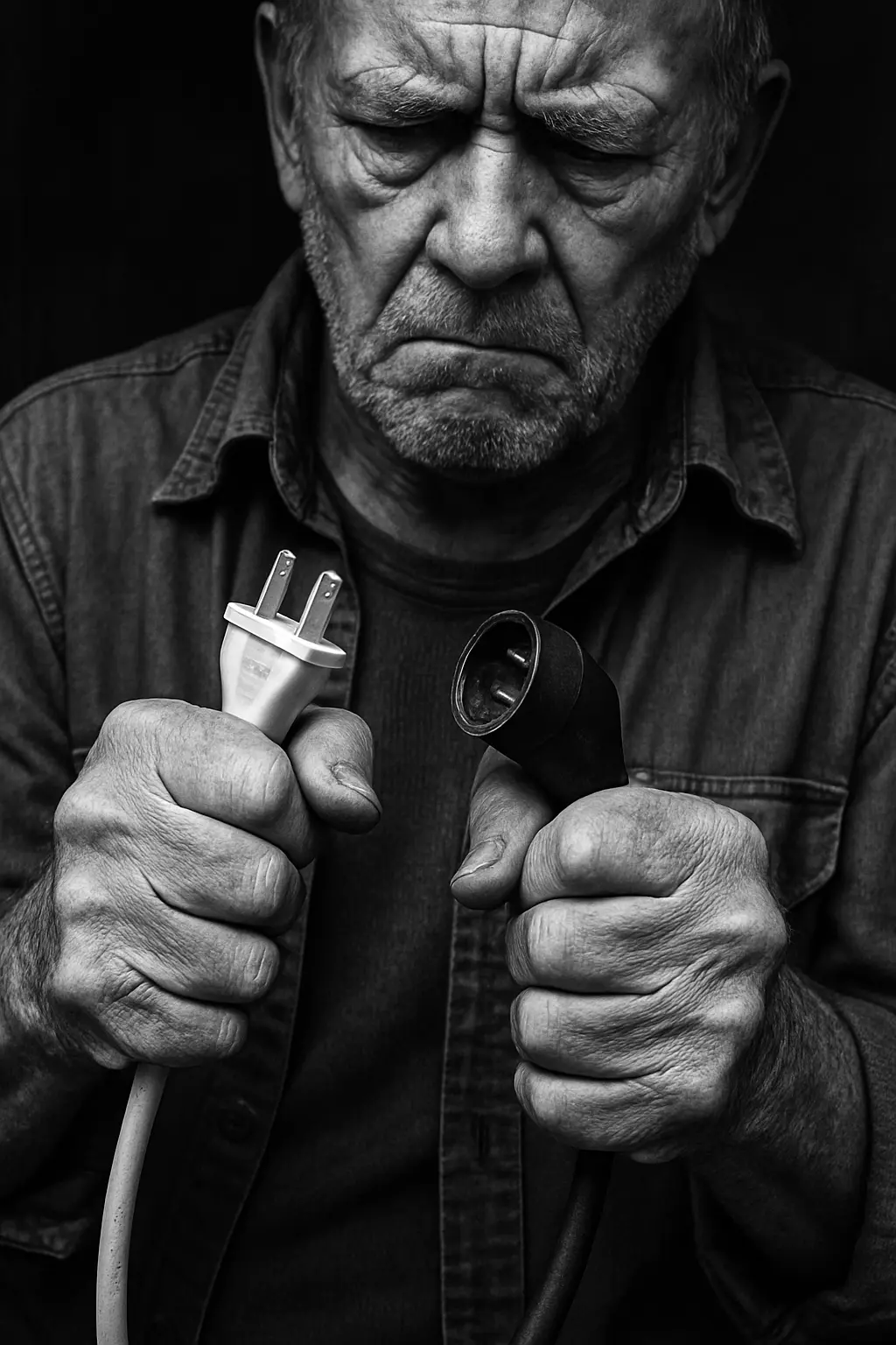 Frustrated man holding broken electrical cord, symbolizing grid unreliability and powerlessness during outages