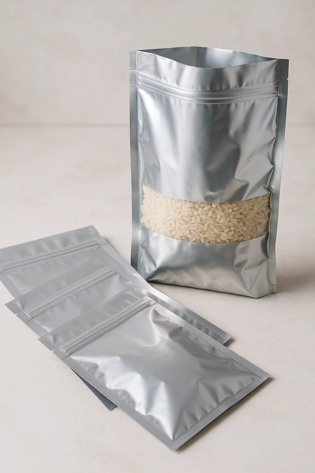 Thick, reflective Mylar bags used for sealing dry goods like rice or beans.