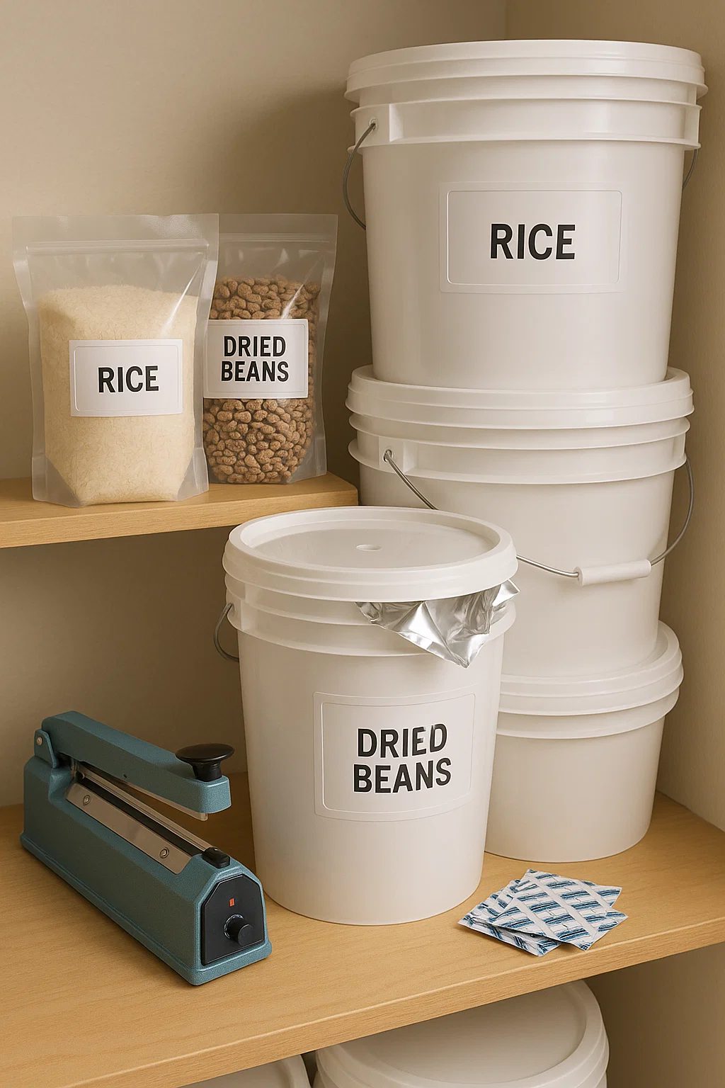 Stacked food-grade plastic buckets with gasket lids used for long-term food storage.