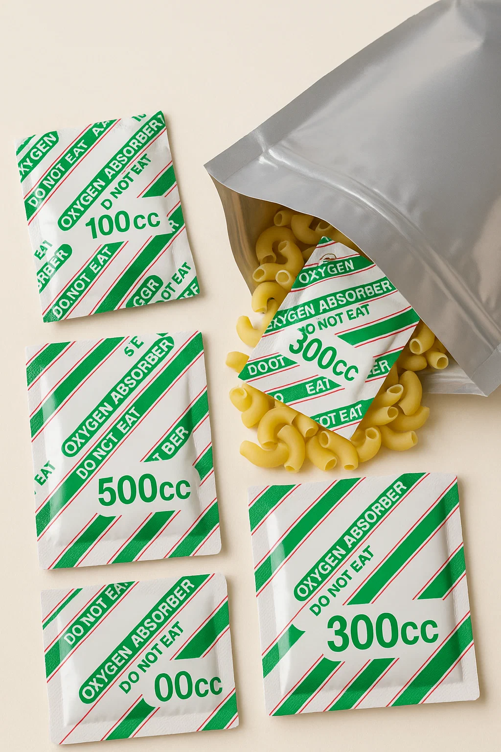 Oxygen absorber packets of various sizes used to remove oxygen from sealed Mylar bags.