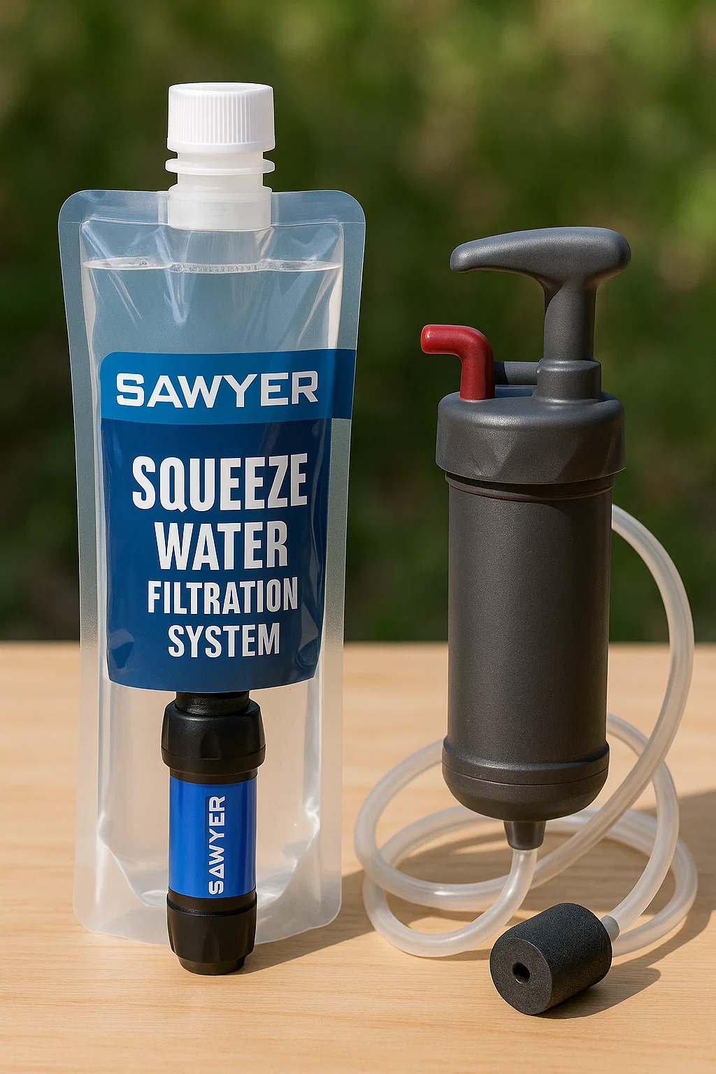 Comparison photo showing a Sawyer Squeeze water filter and possibly other portable filters.