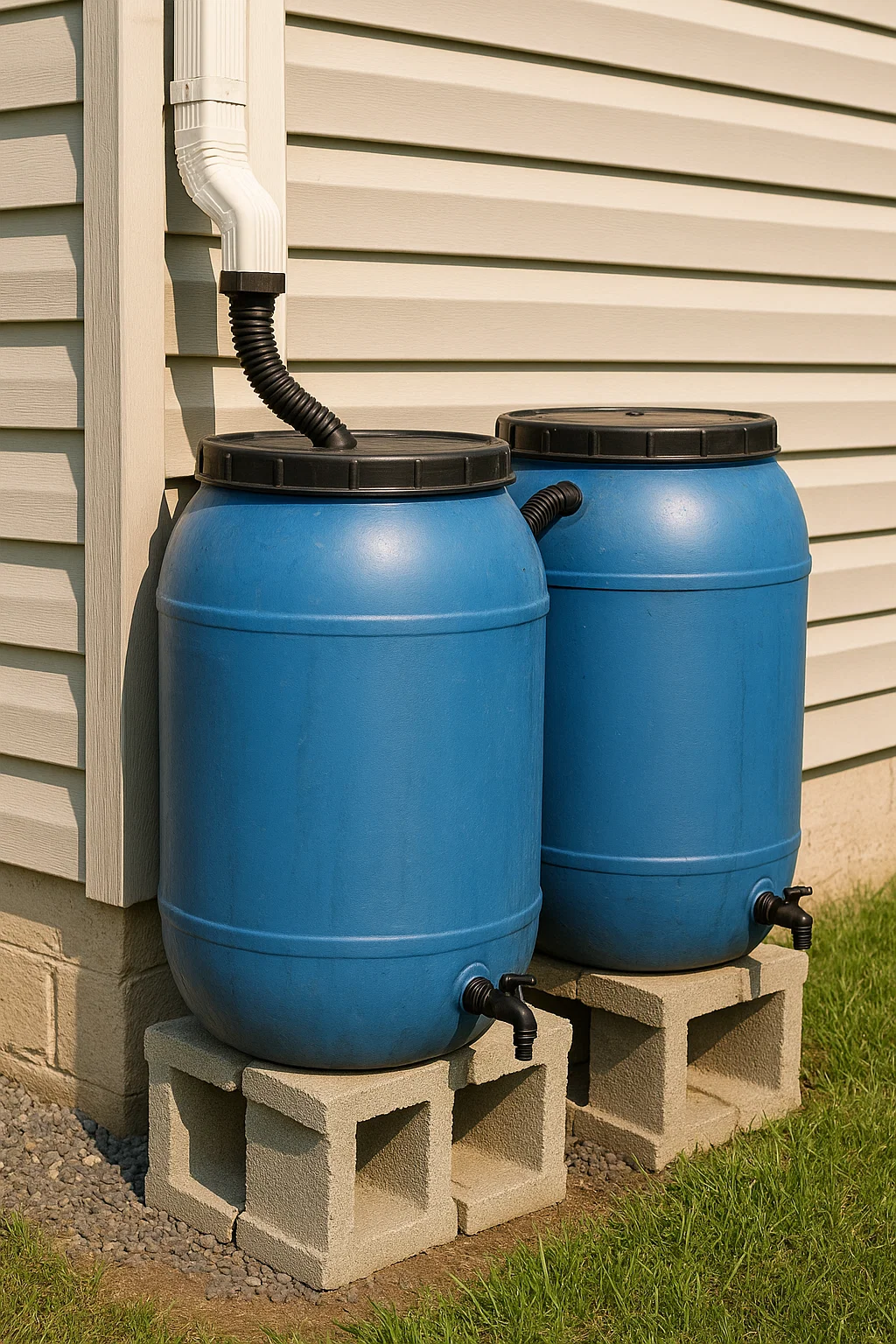 Two slightly weathered food-grade rain barrels elevated on blocks, connected to a downspout for rainwater collection.