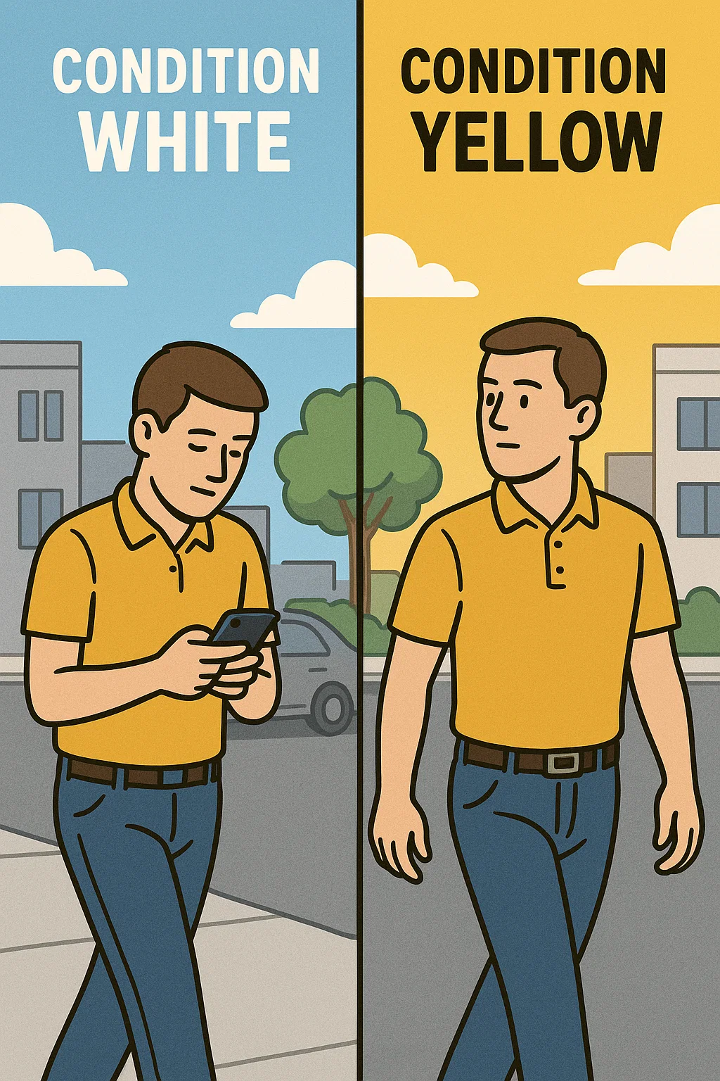 Comparison illustration showing an unaware person on their phone versus an alert person scanning their surroundings.