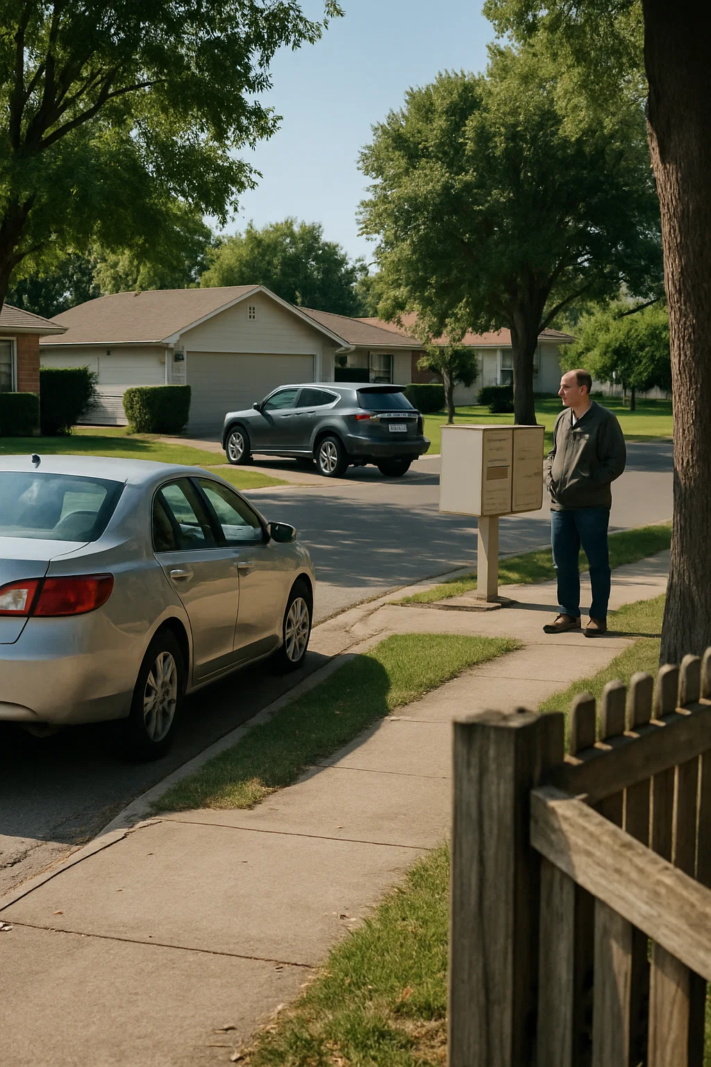 Street or parking lot scene depicting a subtle anomaly, illustrating the importance of observing surroundings for situational awareness.