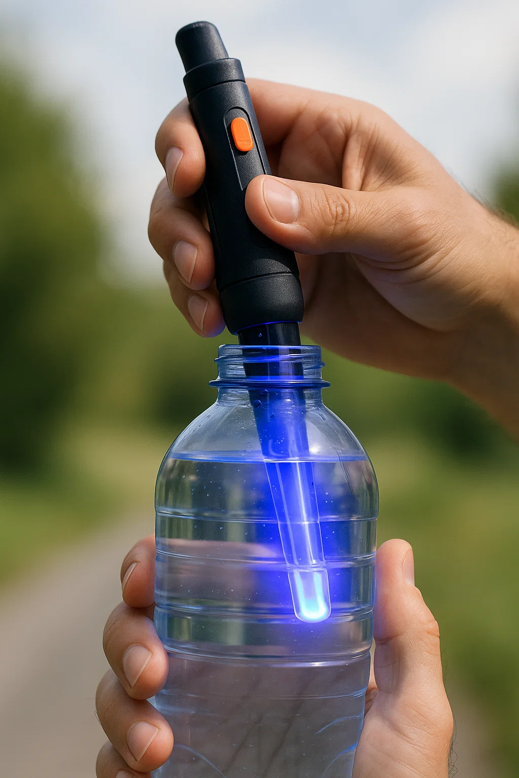 Handheld UV water purifier pen activated inside a bottle of clear water for purification.