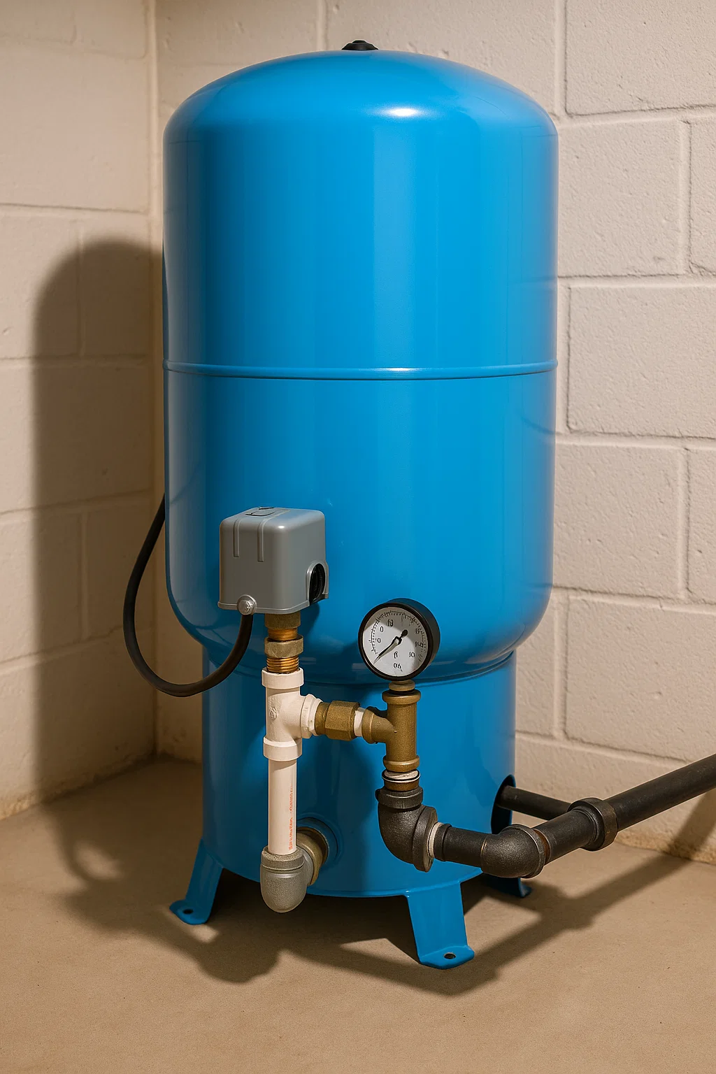 Residential well water pressure tank with connected pressure switch and gauge visible.