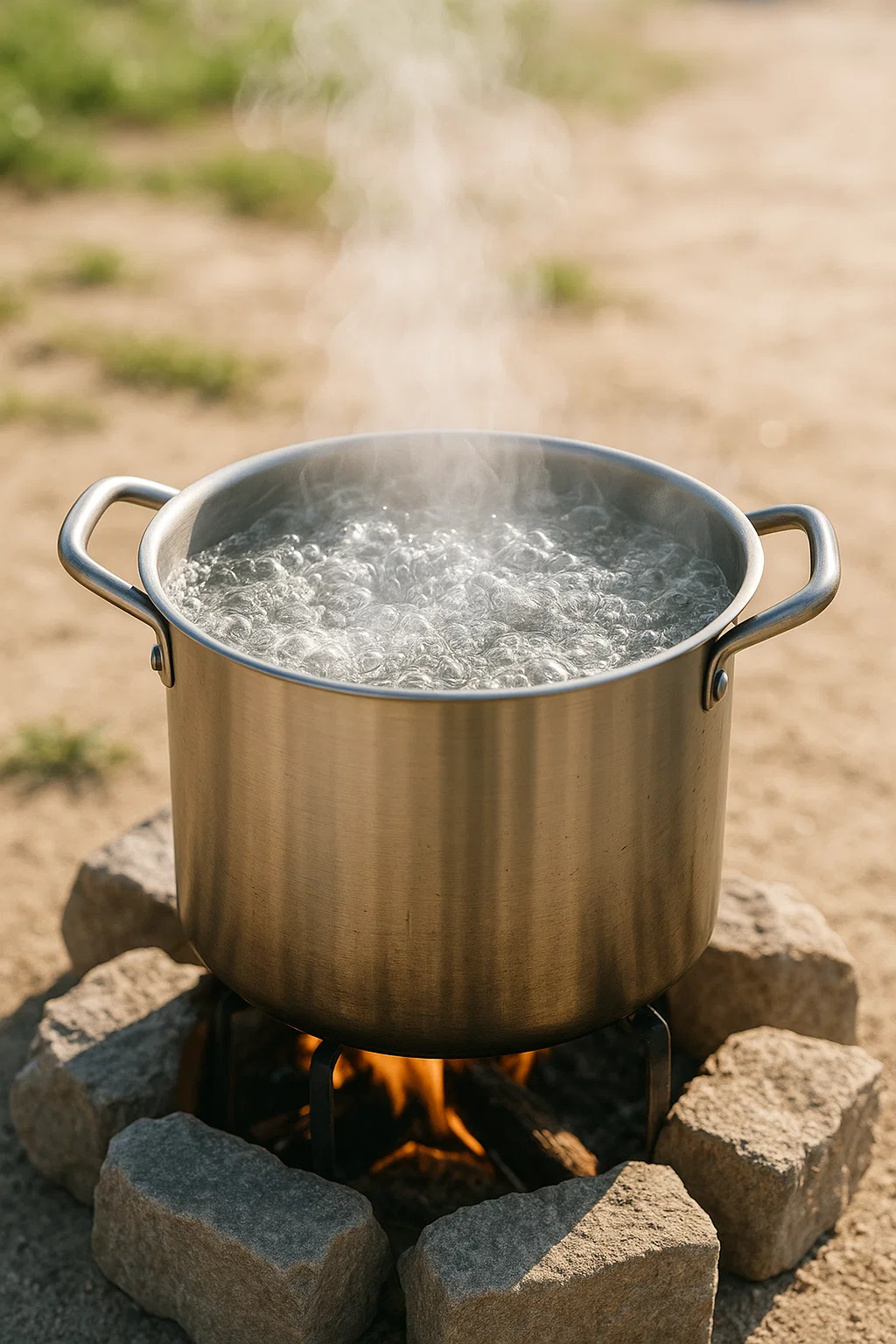Water reaching a strong rolling boil in a metal pot over a heat source for purification purposes.