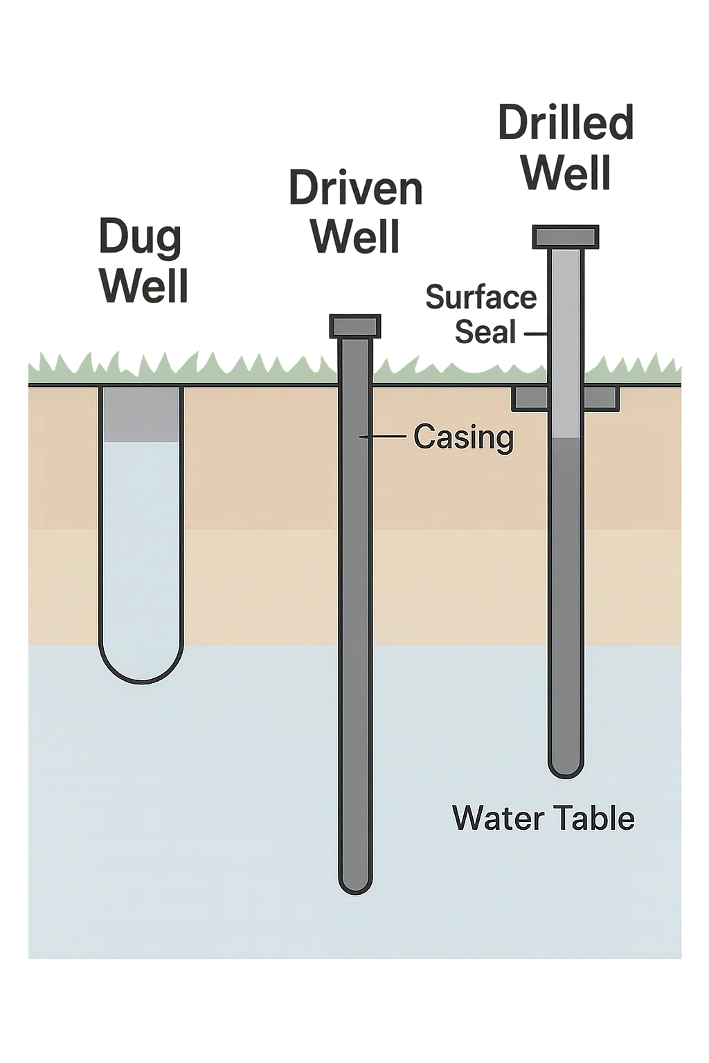 Clear diagram comparing the construction, depth, and sealing methods of Dug, Driven, and Drilled water wells.