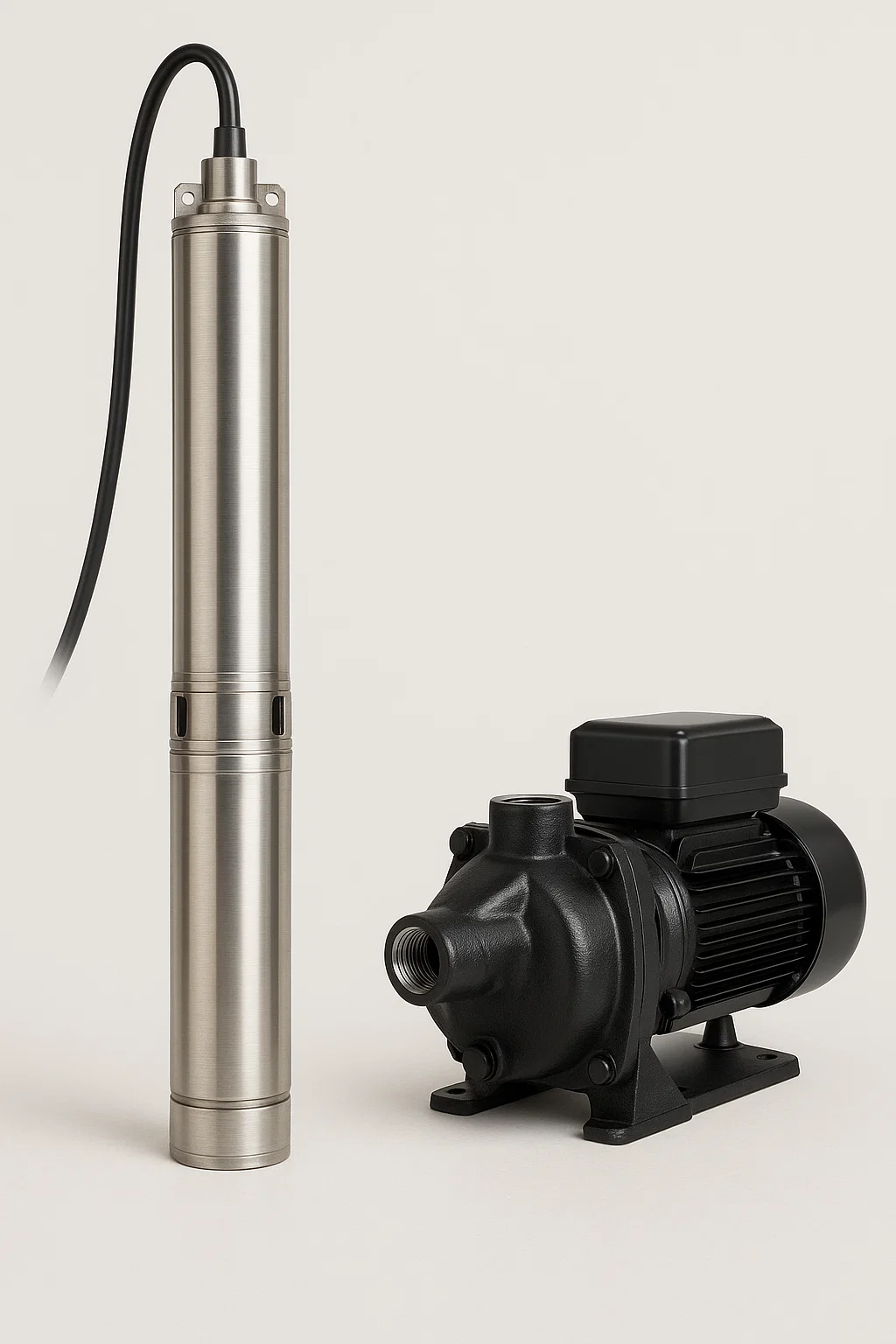 Comparison visual showing a submersible well pump alongside an above-ground jet well pump.