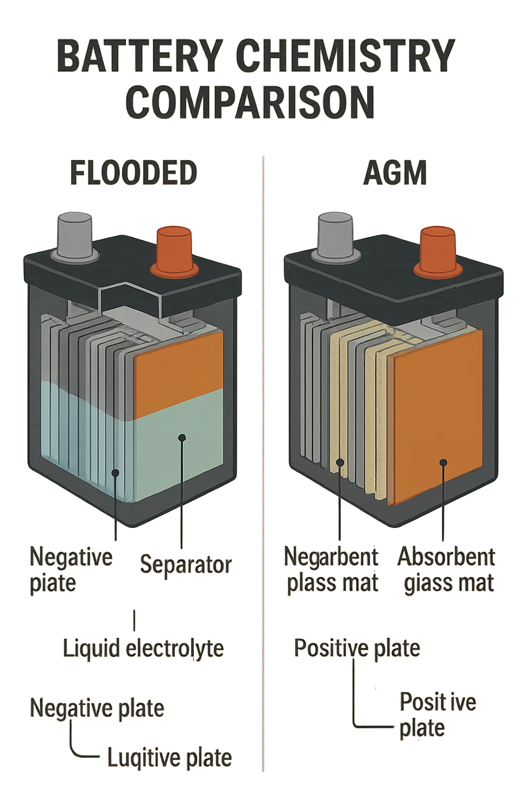 Side-by-side comparison showing internal construction differences between traditional flooded deep-cycle battery and sealed AGM battery designs.