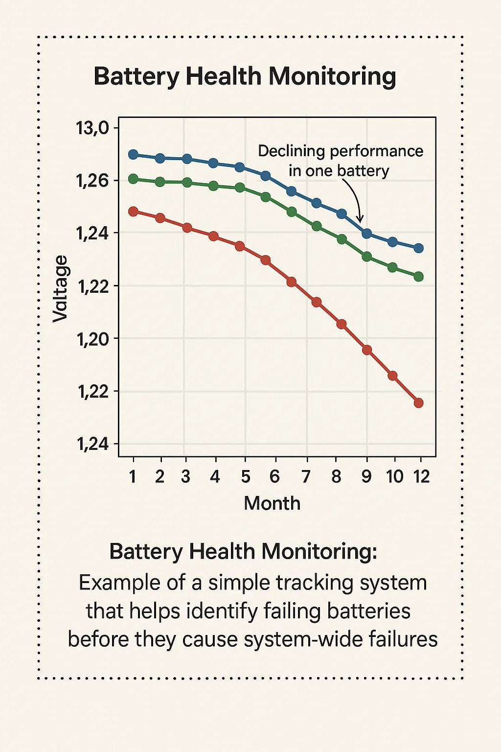 Battery health monitoring chart showing voltage and specific gravity readings tracked over 12 months with clear indicators of declining performance in one battery.