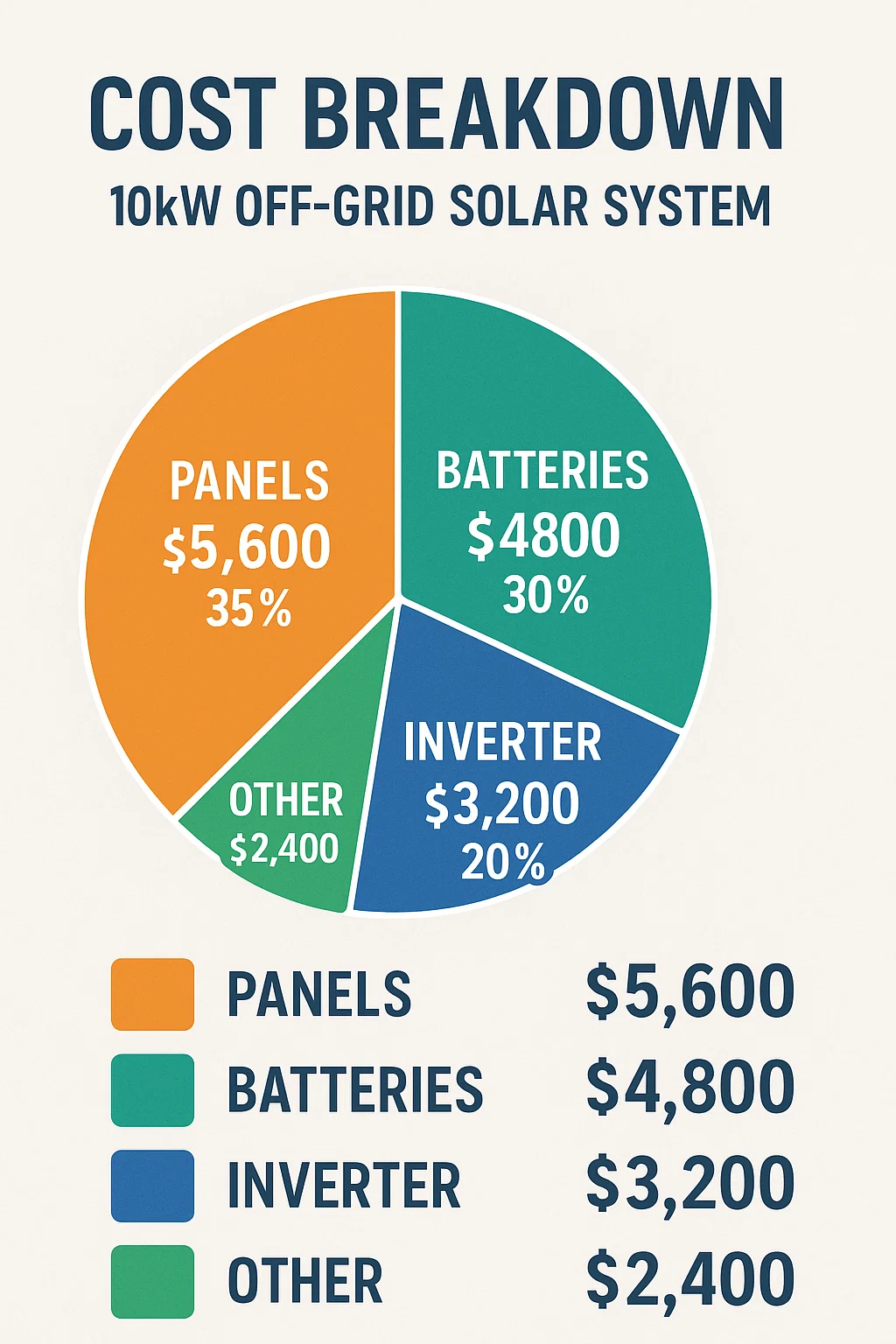 Cost breakdown of a complete 10kW off-grid solar system with battery storage