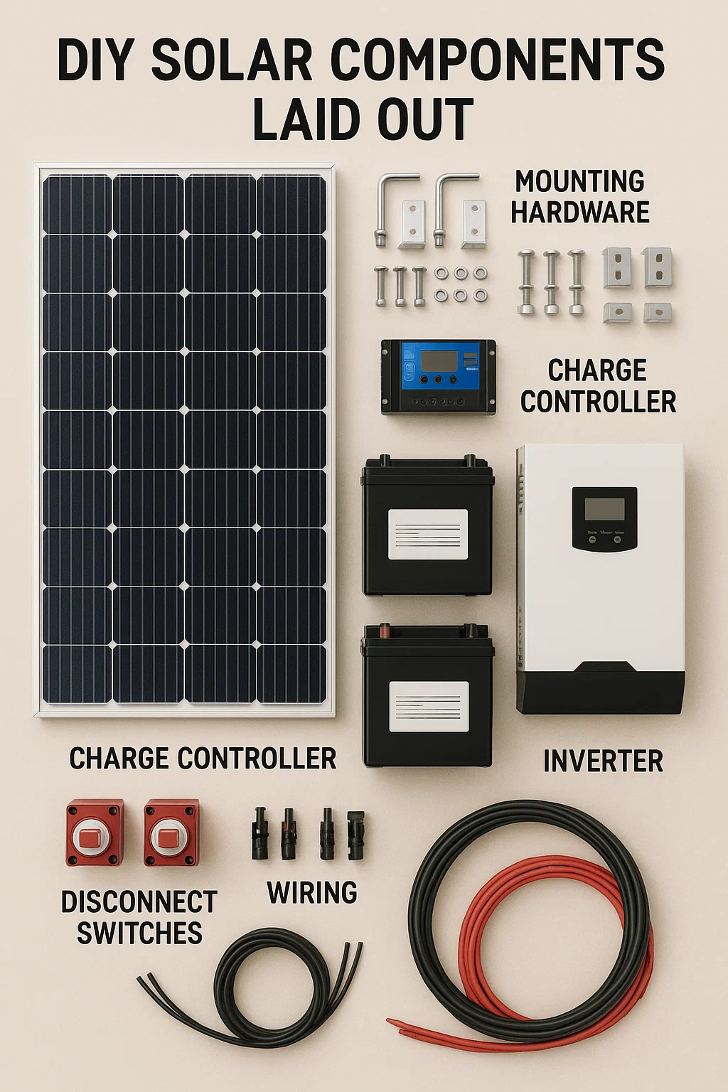 Complete solar system components laid out before installation, including panels, inverter, batteries, charge controller, mounting hardware, and wiring