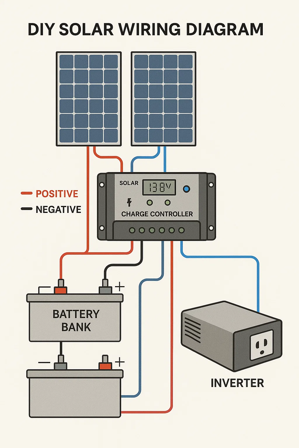 Detailed wiring diagram showing connections between solar panels, charge controller, batteries, and inverter with clear labels and color-coded wiring paths