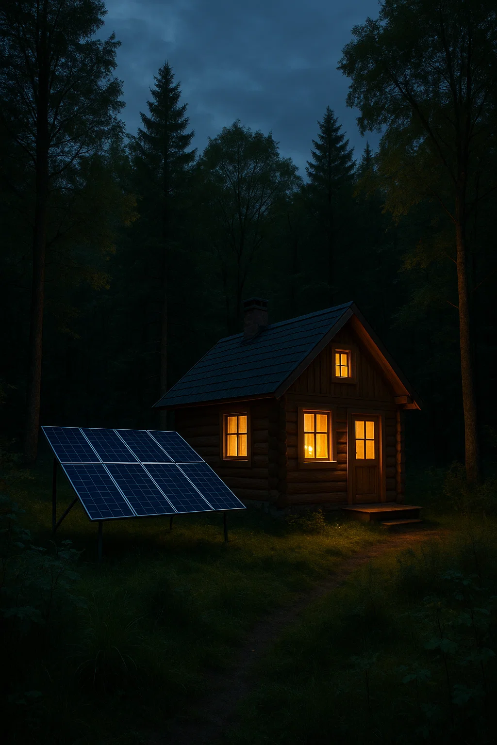 Properly sized off-grid solar system powering a small cabin in the wilderness