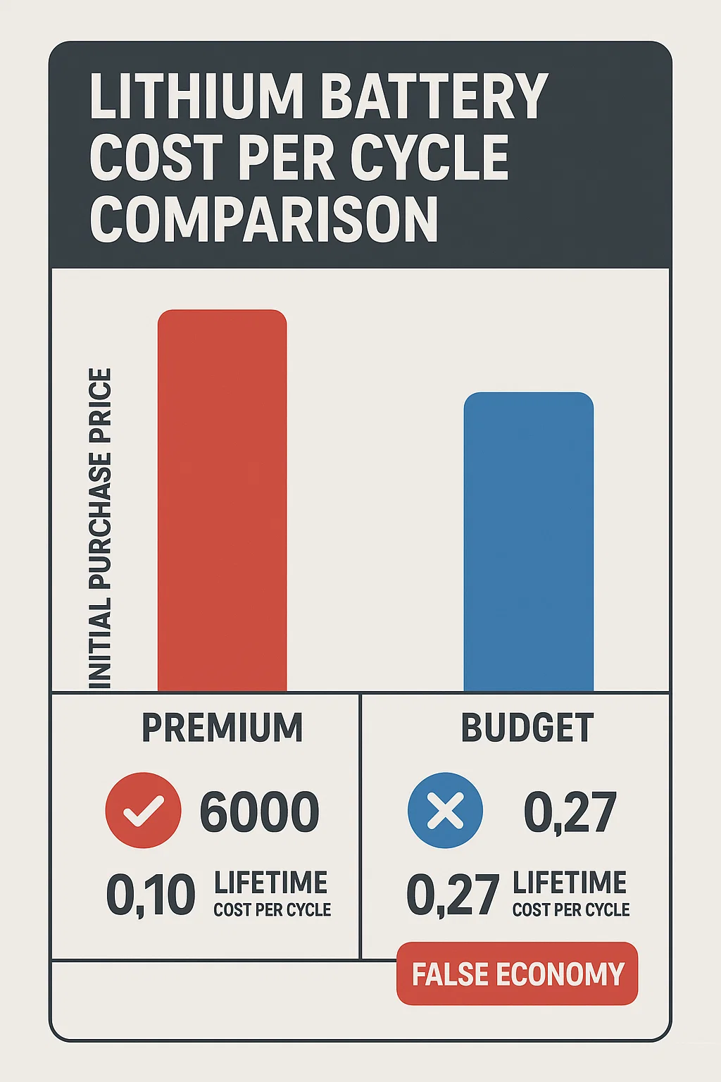 Infographic revealing how premium lithium batteries cost less per cycle than cheap alternatives despite higher upfront price - true cost comparison of solar storage options
