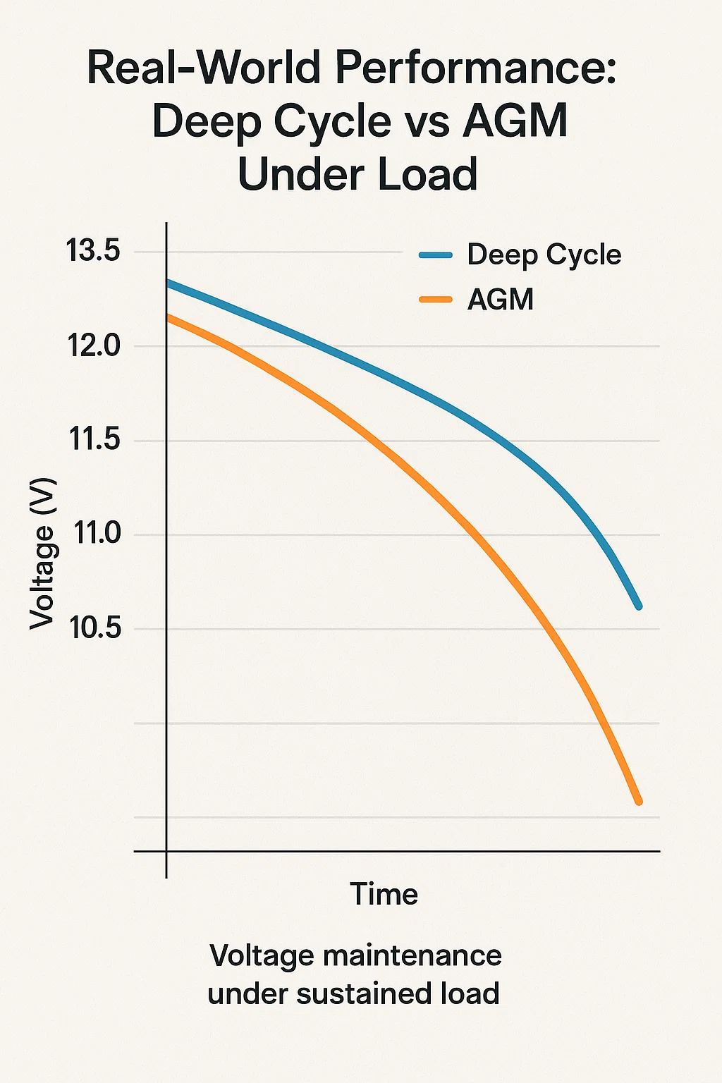 Performance comparison graph showing voltage curves of deep cycle and AGM batteries under identical 500W sustained loads over an 8-hour period.