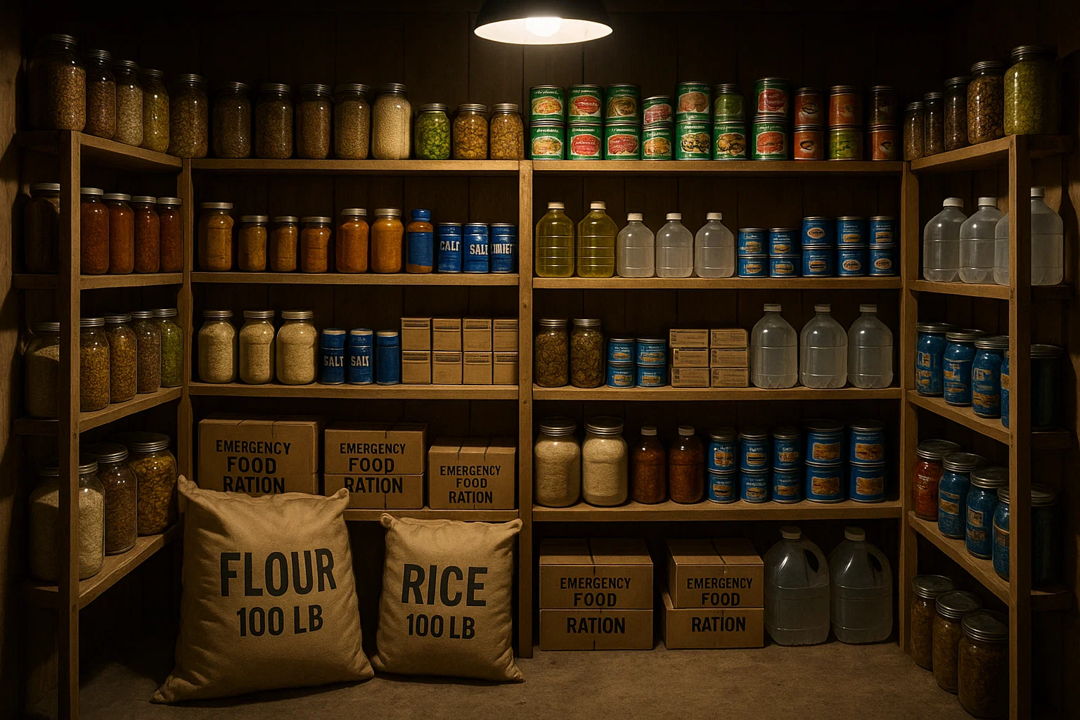Well-stocked pantry shelves displaying long-term food storage items and preserved goods