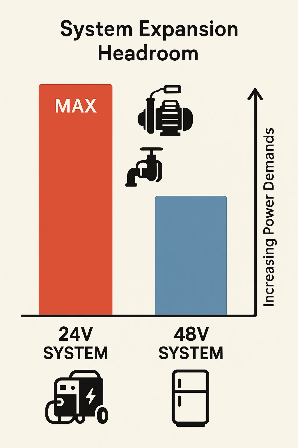 Visual representation of 48V system's superior ability to accommodate power-hungry appliances compared to 24V limitations