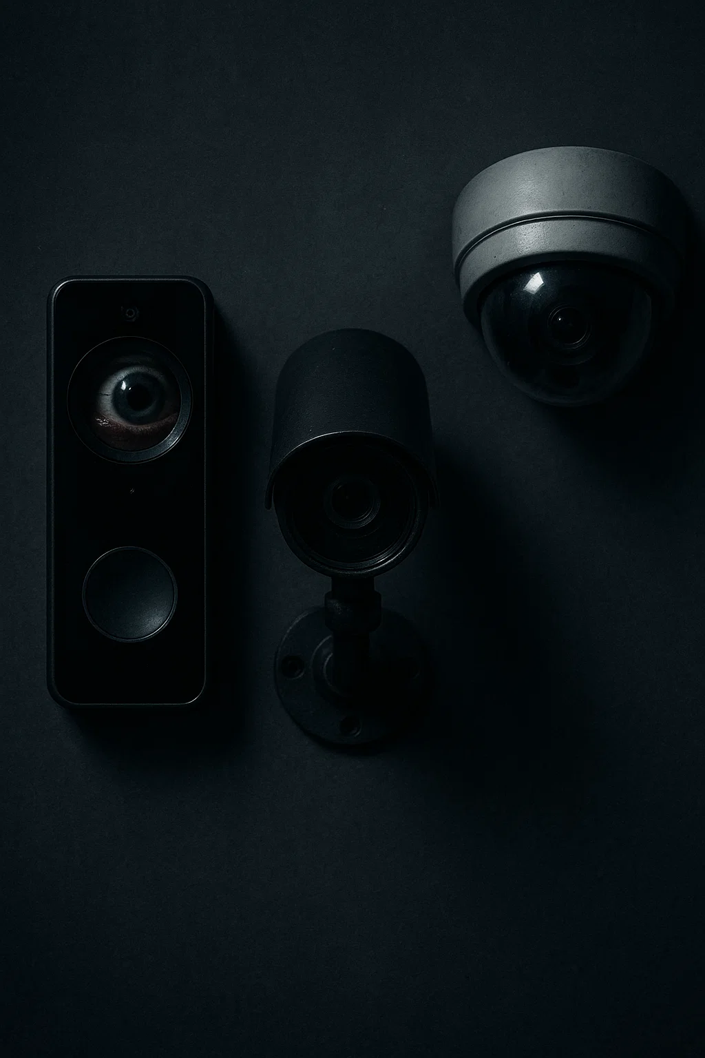 Image showing different types of home security cameras: doorbell camera, outdoor bullet camera, indoor dome camera.
