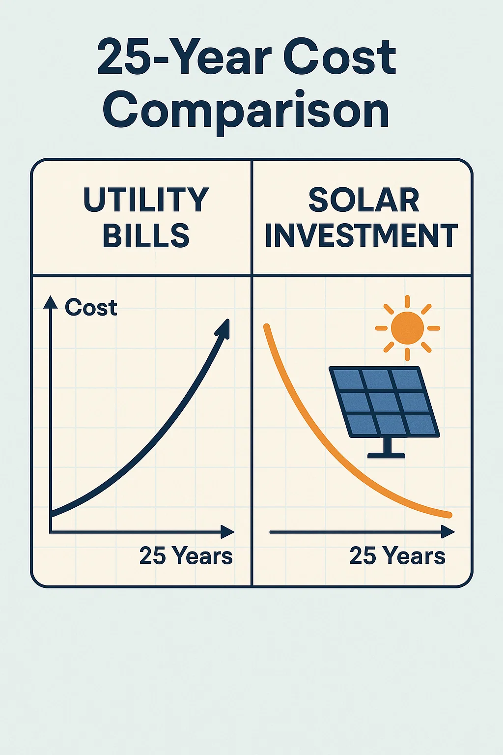 25-year cost comparison between traditional utility bills and off-grid solar system investment