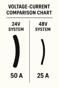 Off-grid solar system comparison chart showing 24V systems require twice the current and thicker wiring than 48V systems for the same power output
