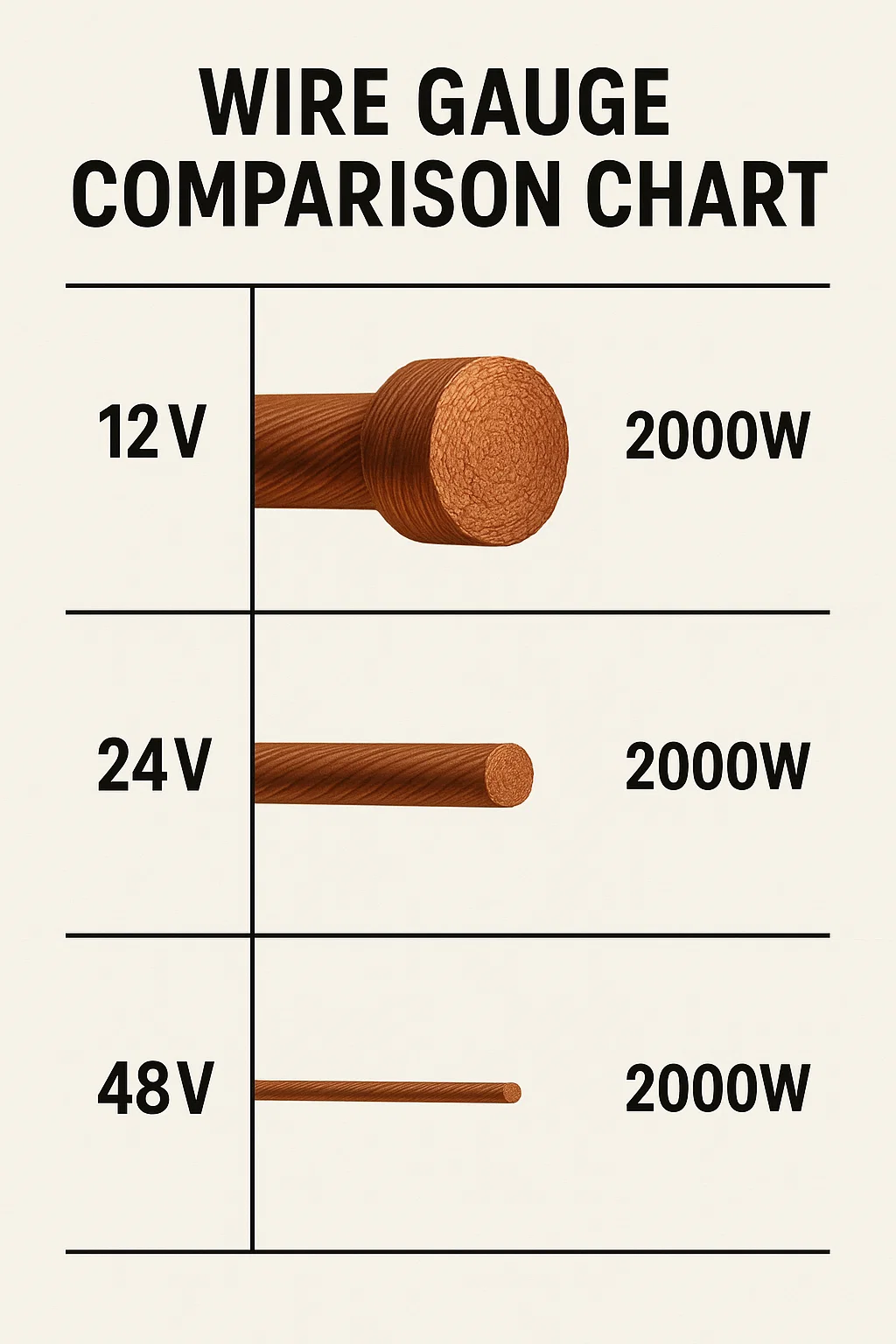 Wire gauge comparison showing thinner wire requirements for 48V systems compared to 12V and 24V for the same power transfer.
