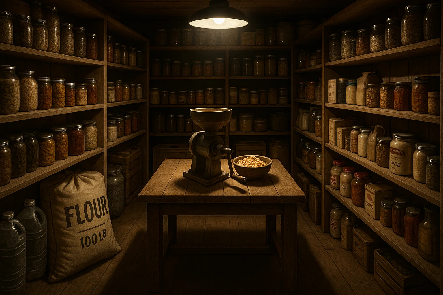 Food pantry with grain mill and emergency cooking supplies