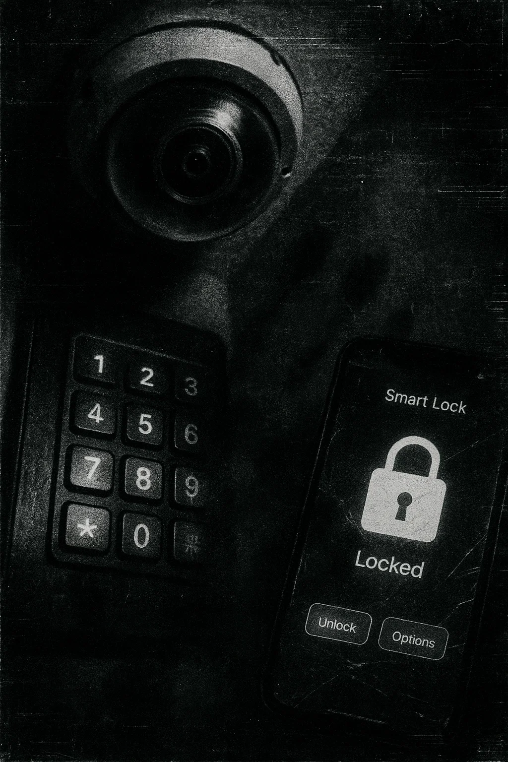 Stylized montage of security cameras, alarm keypads, and smart lock interfaces.