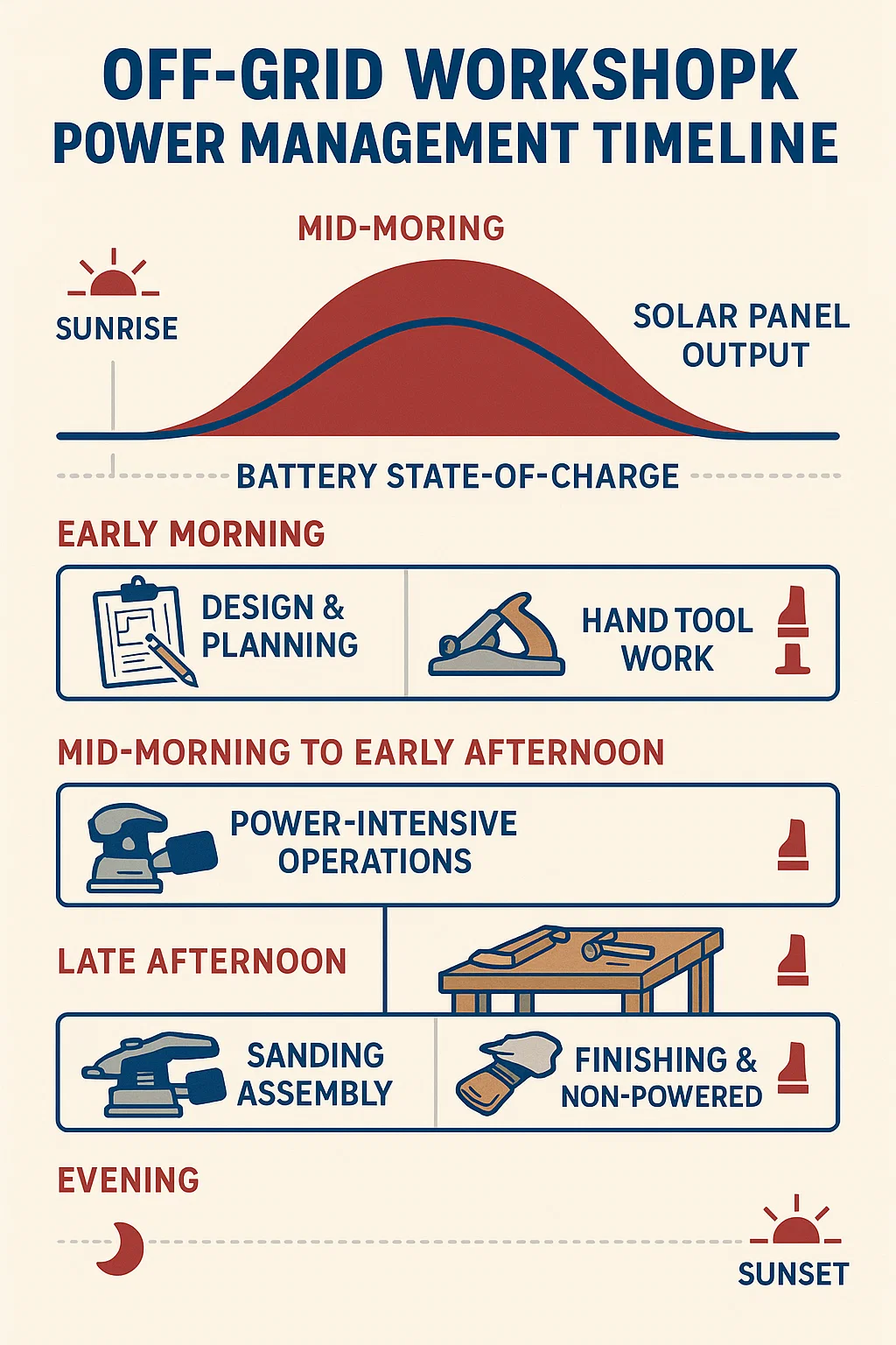 Daily power management timeline for off-grid workshops showing optimal scheduling of woodworking activities based on solar production and battery capacity throughout the day.