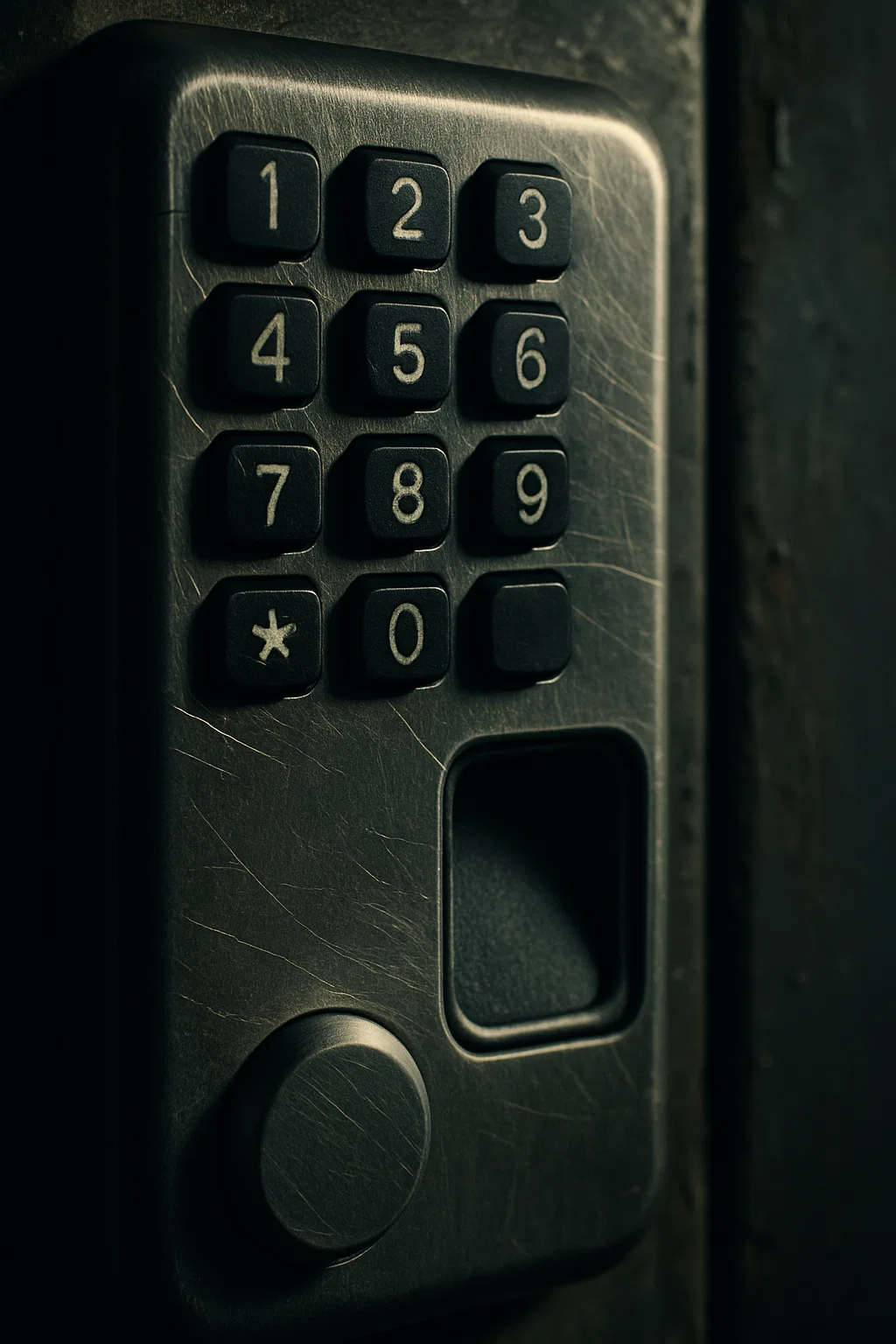 Close-up of a modern smart lock with a keypad and possibly a fingerprint scanner.