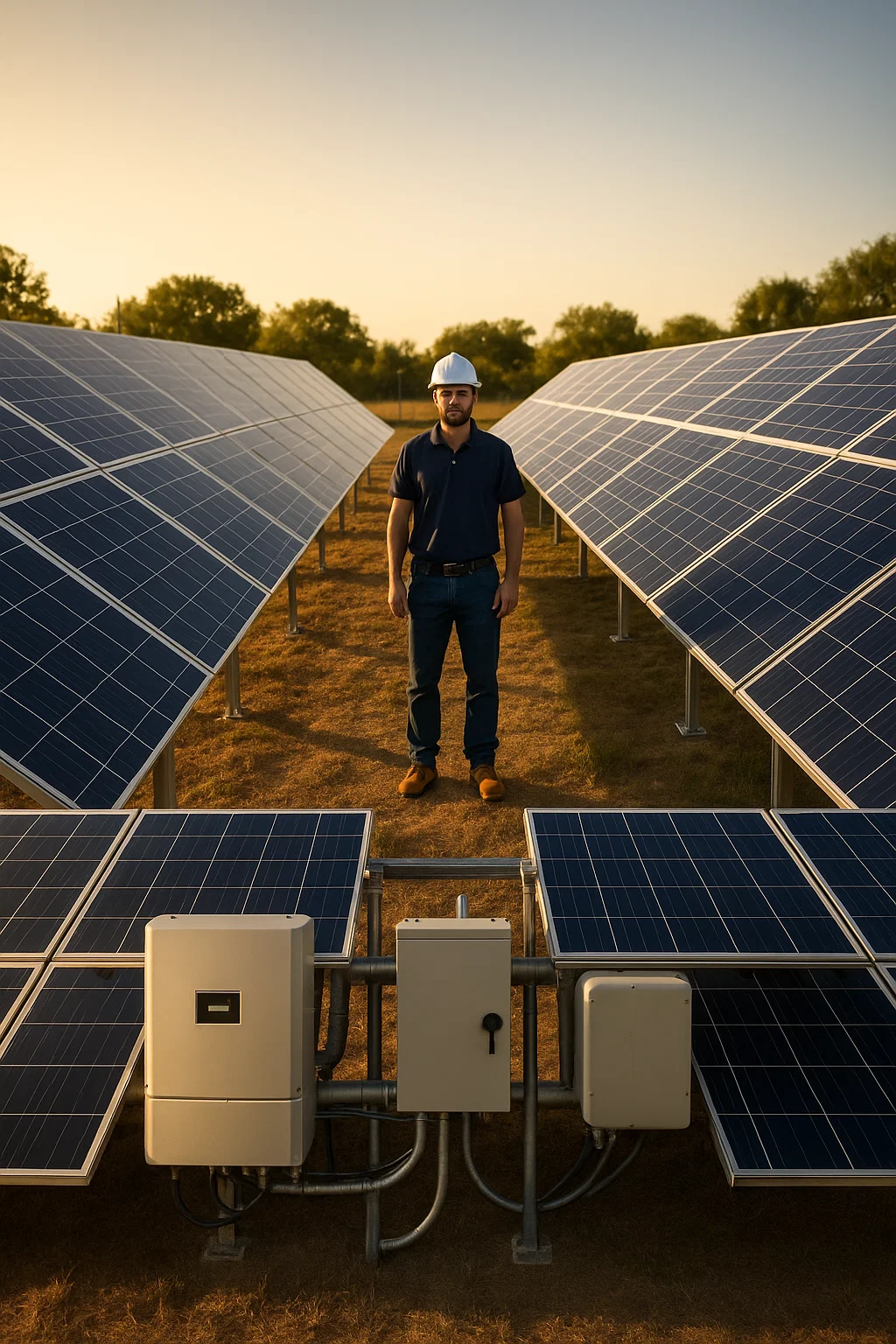 Solar array walkway design showing proper 4-foot height clearance and spacing for maintenance access
