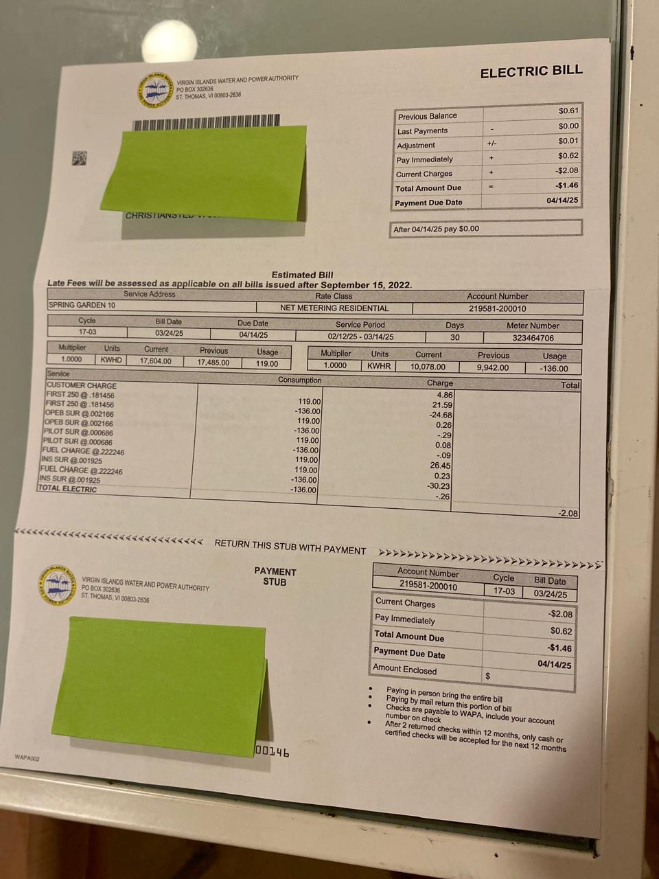 Zero dollar electric bill showing complete energy independence