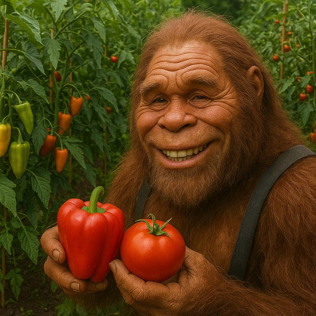 Wattson the off-grid sasquatch mascot harvesting for off-grid food storage and preparedness