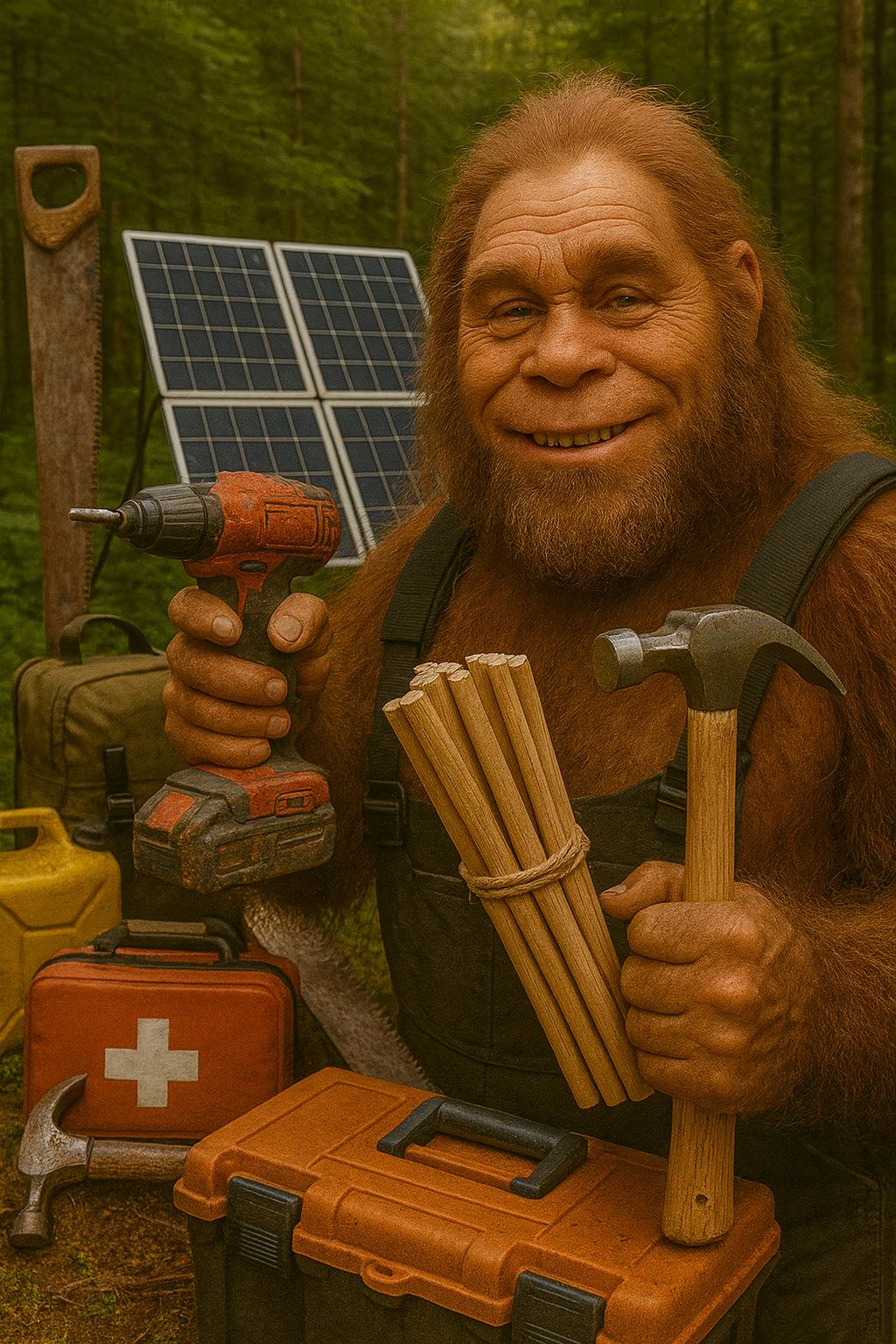 Wattson off-grid sasquatch expert with solar installation tools and equipment