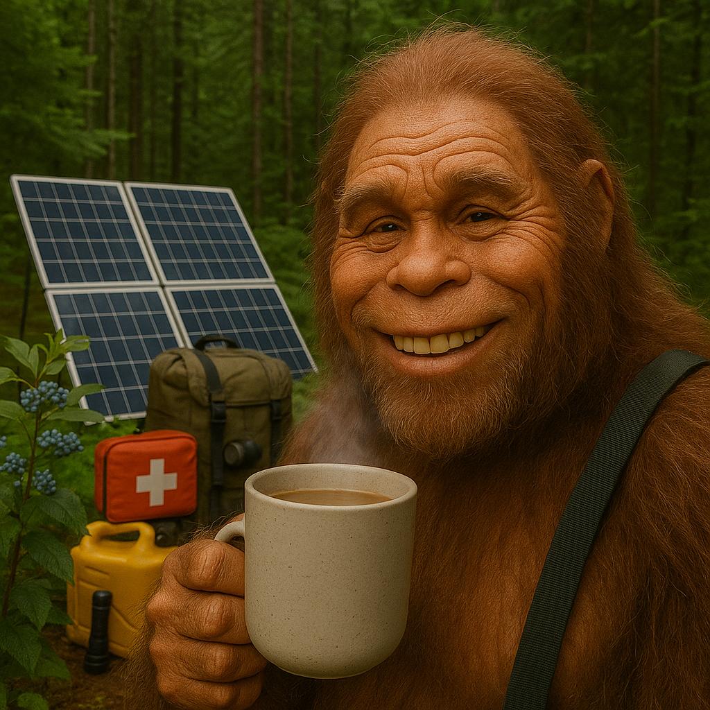 Wattson the off-grid sasquatch mascot explaining security hardening with solar panels in background